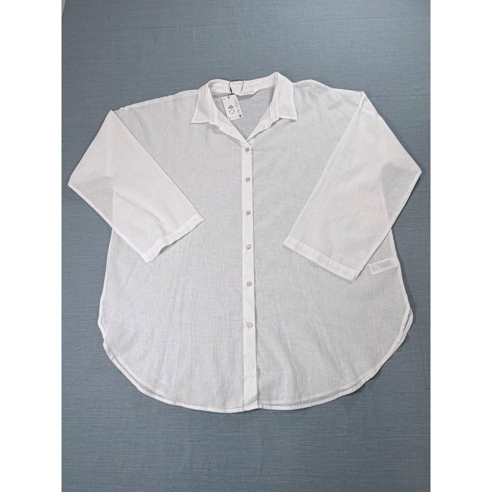 Primark Cares Womens Large White Button Down Long Sleeve Cotton Blend Shirt NEW